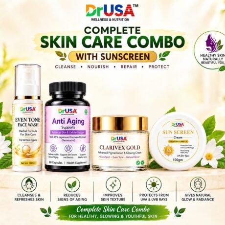 DrUSA Complete Skin Care Combo featuring Even Tone Face Wash, Anti-Aging Capsules, Clarivex Gold Cream and SPF 50 Sunscreen