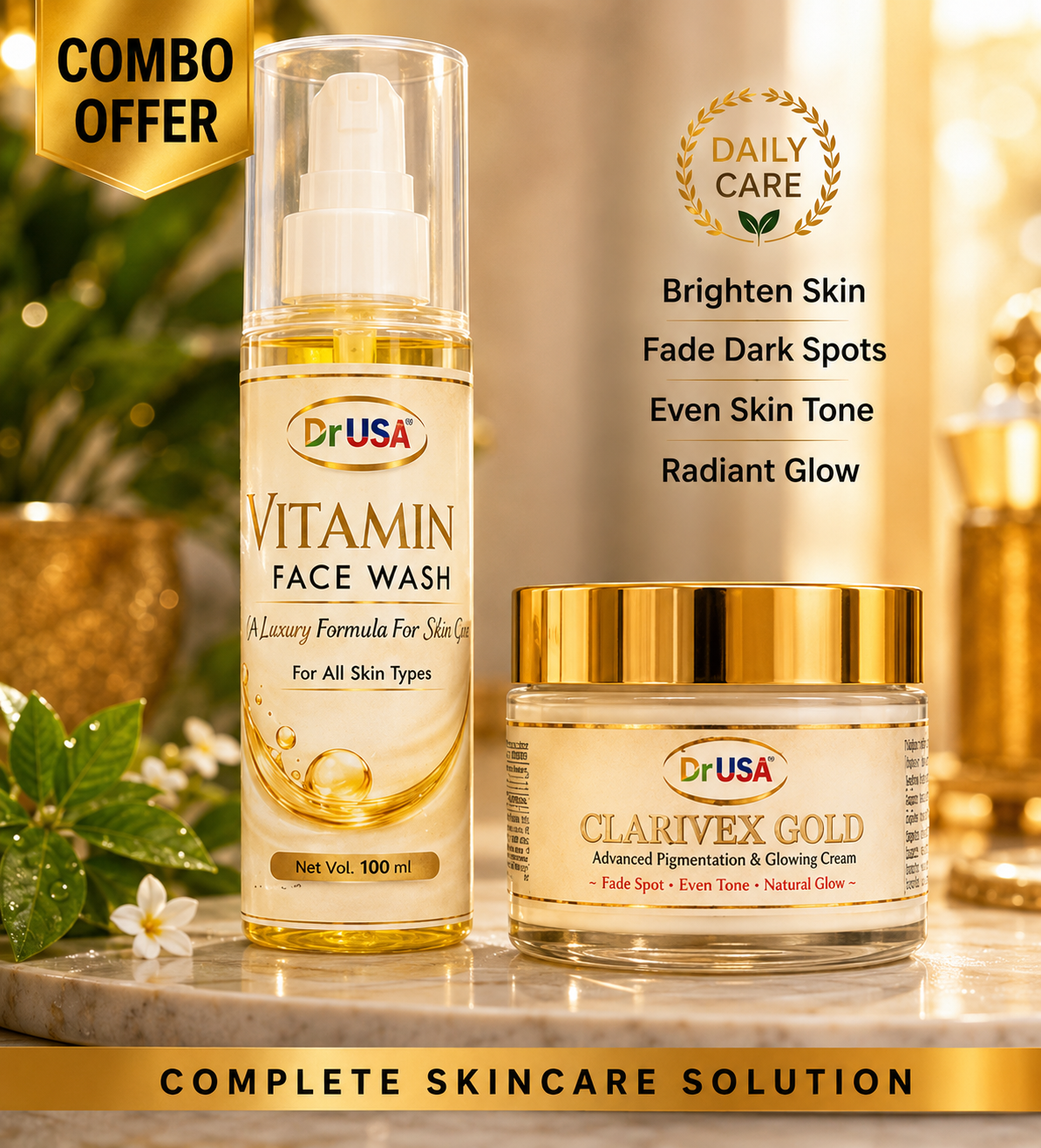 Dr USA Complete Skin Brightening Combo | Vitamin Face Wash & Clarivex Gold Cream