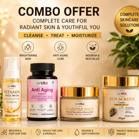 Dr USA Complete Skincare Combo Kit | Face Wash, Anti Aging Capsules, Clarivex Gold & SPF 50 Sunscreen