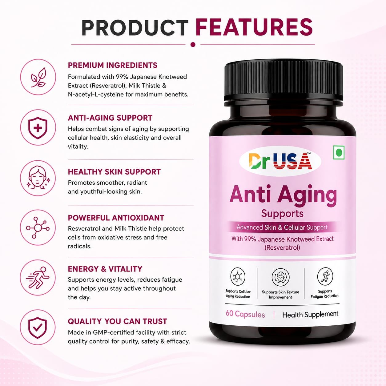 Dr USA Anti Aging Supports | Resveratrol Health Supplement – 60 Capsules - Image 5