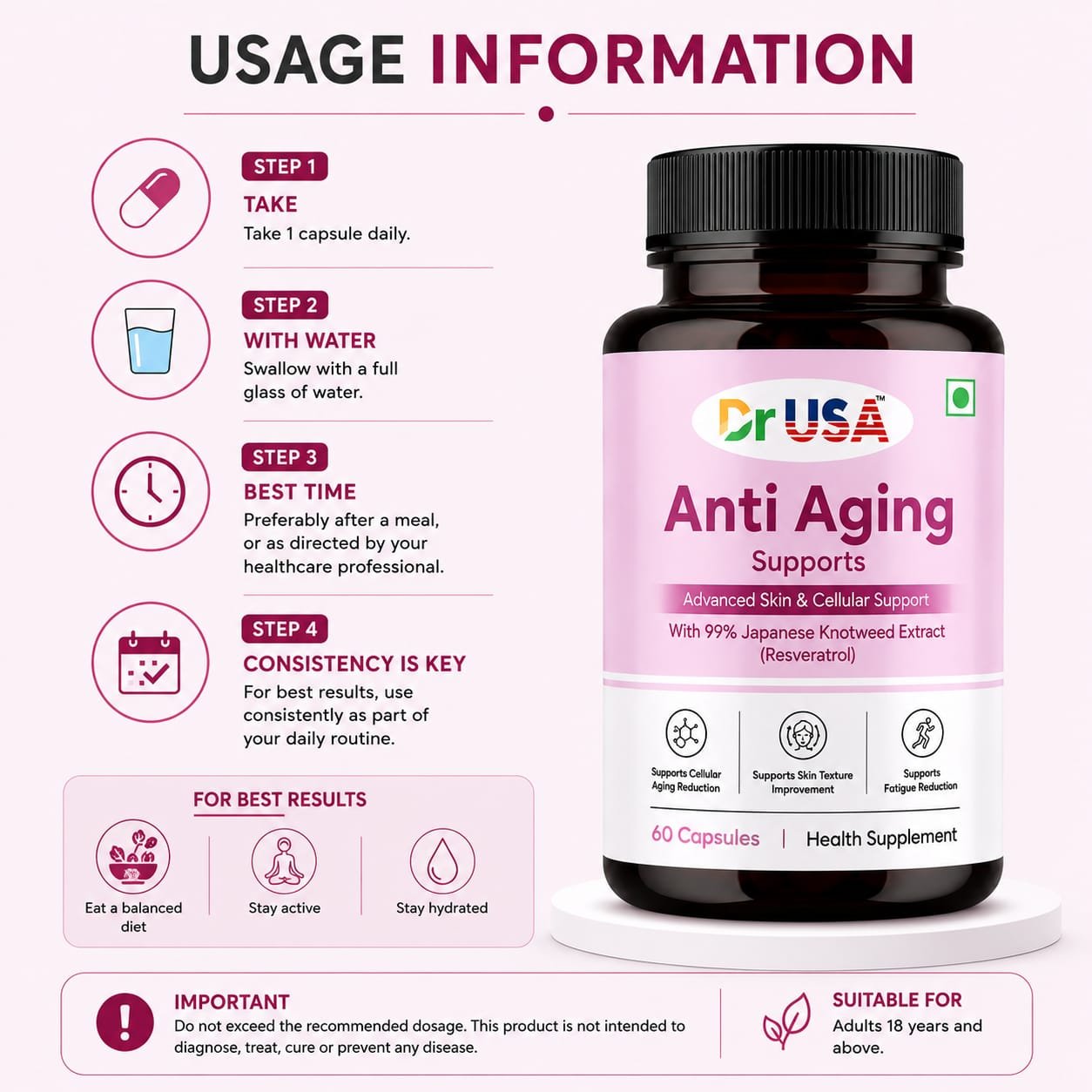 Dr USA Anti Aging Supports | Resveratrol Health Supplement – 60 Capsules - Image 6
